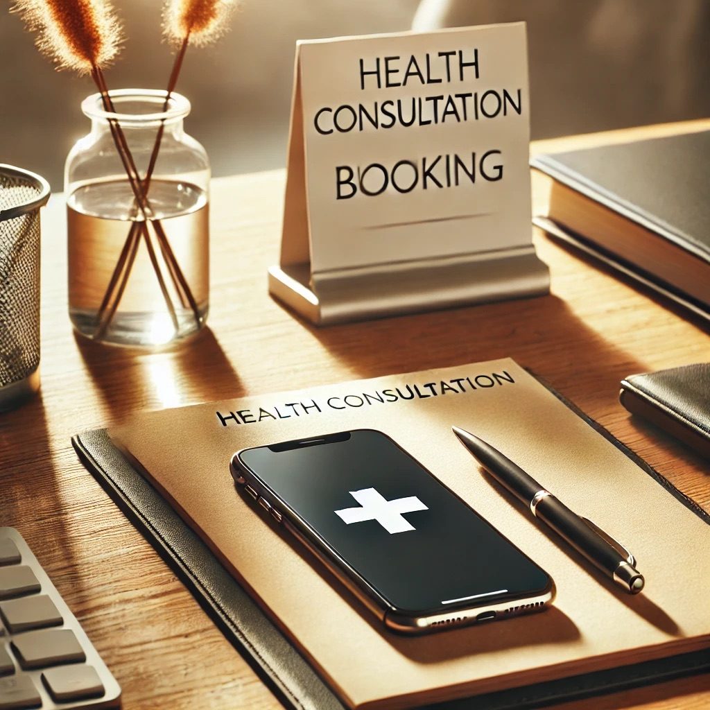 Notizblock, Smartphone mit Pluszeichen, und Schild für Gesundheitsberatung auf einem Schreibtisch.