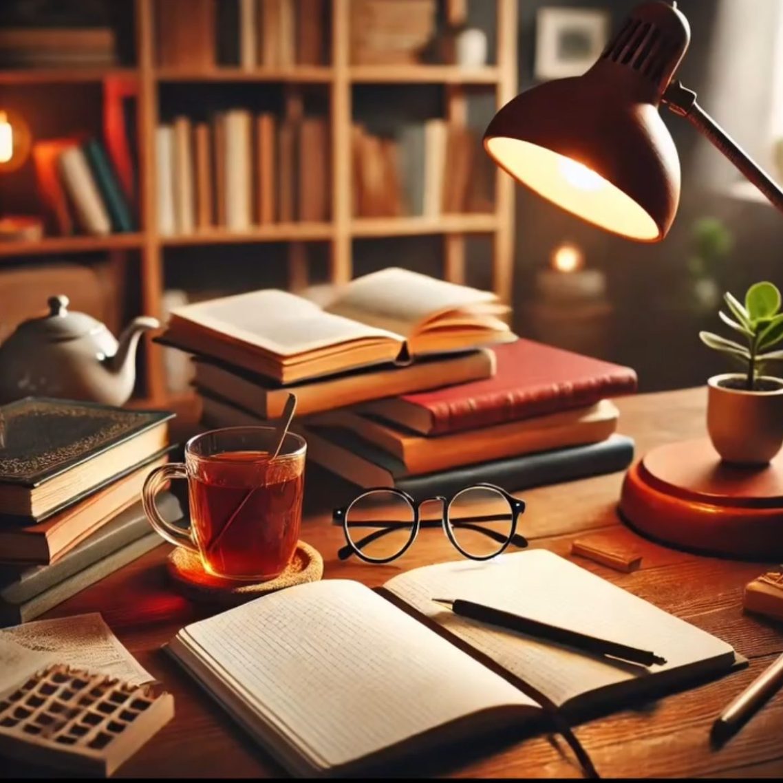 Ein Schreibtisch mit Büchern, Teetasse, Notizbuch, Brille und einer kleinen Pflanze.