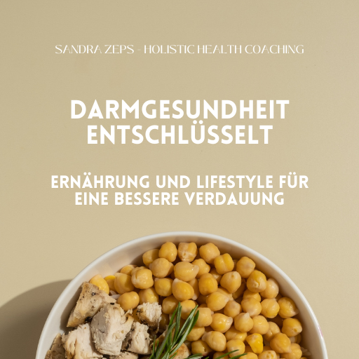 Bowl mit Kichererbsen und Hähnchen, Titel zu Darmgesundheit und Lebensstil.